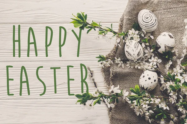 Feliz Pascua Texto Plano Poner Con Flores Huevos Con Estilo — Foto de Stock