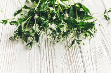 güzel küçük beyaz çiçeklerle Yeşil Beyaz ahşap zemin üzerinde kopya alanı ile Üstten Görünüm 