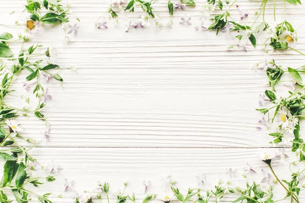 Wunderschöne Margeriten Und Fliederblüten Auf Rustikalem Weißem Holzgrund Draufsicht — Stockfoto