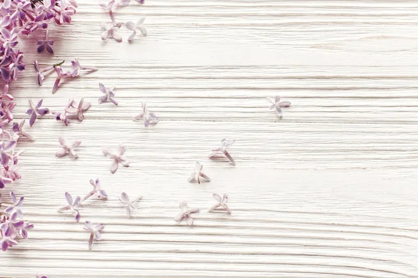 Glückliche Muttertagskarte Frühling Flach Liegend Mit Zarten Lila Blüten Sanftem — Stockfoto