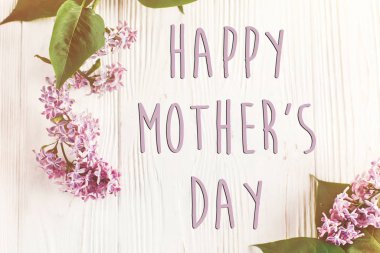Mutlu Anneler Günü tebrik kartı ile ihale Lila çiçek şube tonda Beyaz ahşap zemin üzerinde 