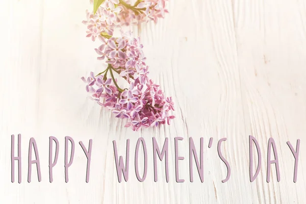 Happy Women Day Greeting Card Beautiful Lilac Flowers White Wooden — Stock Photo, Image
