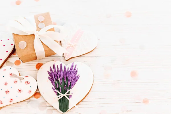 Gelukkig Moederdag Dag Wenskaart Cookie Hart Met Lavendel Bloemen Ambachtelijke — Stockfoto