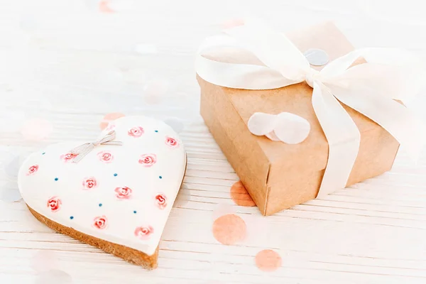 Cartão Feliz Dia Dos Namorados Saudação Corações Biscoito Caixa Presente — Fotografia de Stock