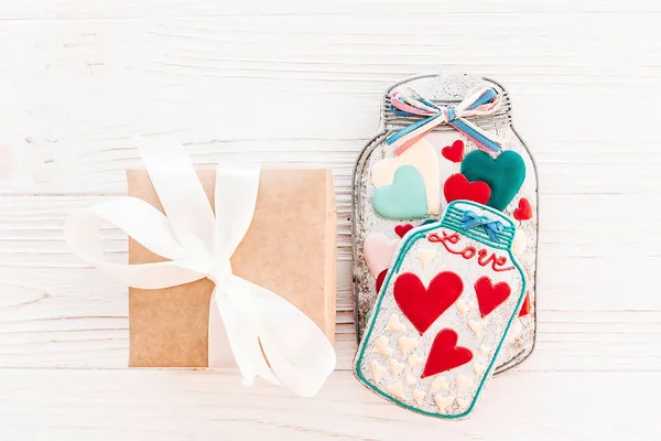 Felicitări Ziua Îndrăgostiţilor Borcan Inimi Colorate Cookie Uri Cutie Cadouri — Fotografie, imagine de stoc
