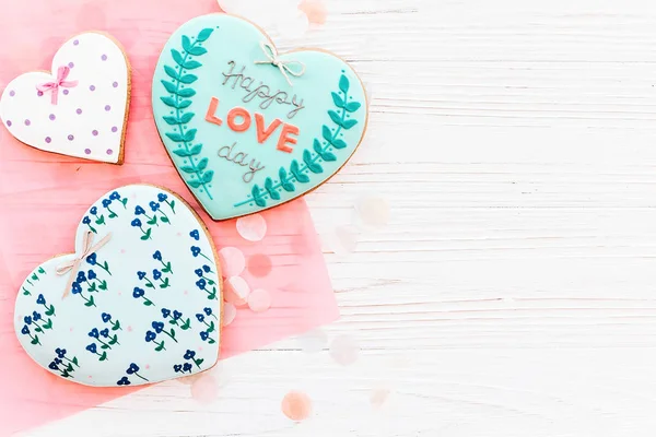 Felicitări Ziua Îndrăgostiţilor Fericit Textul Zilei Dragoste Inima Cookie Urilor — Fotografie, imagine de stoc