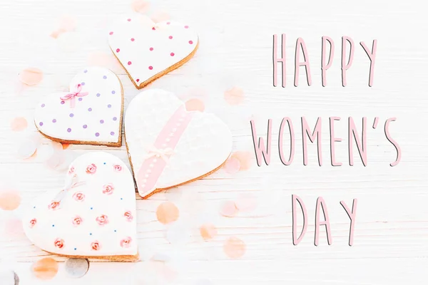 Happy Women Day Text Sign Flat Lay March Pink Hearts — Stock Photo, Image