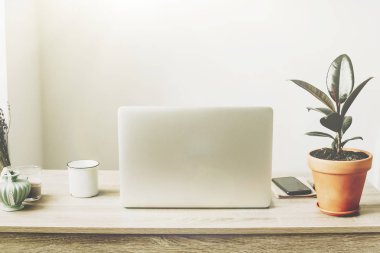 Ahşap Masaüstü telefon, defter, kahve fincanı ve şık modern oda bitkilerde ile laptop. Serbest kavramı.