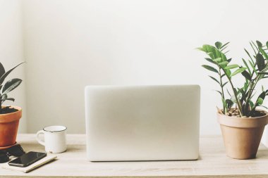 Ahşap Masaüstü telefon, defter, kahve fincanı ve şık modern oda bitkilerde ile laptop. Serbest kavramı.