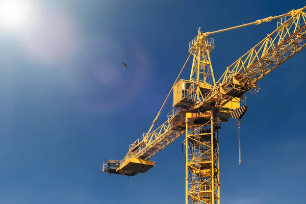 Konstruktion Crane Tower Solen Ljusstrålar Bakgrund Blå Himmel Crane Och — Stockfoto
