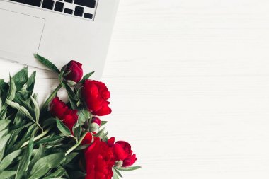 şık dizüstü ve güzel kırmızı peonies düz beyaz ahşap zemin üzerinde yatıyordu. metin için yer. Üstten Görünüm. mutlu kadın gün