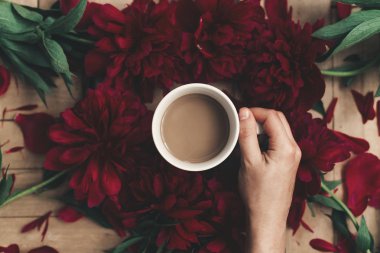 güzel kırmızı peonies, düz rustik ahşap zemin üzerine şık kahve fincanı holding kadın elini.