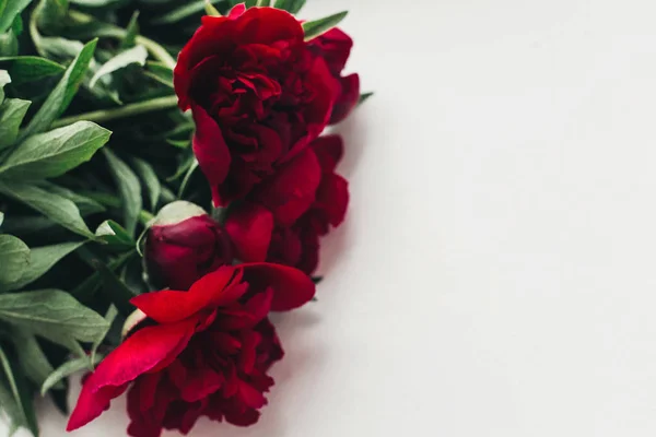 Üstten Görünüm Beyaz Ahşap Arka Plan Üzerinde Kırmızı Peonies Çiçek — Stok fotoğraf