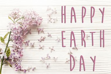 mutlu Dünya Günü metin rustik Beyaz ahşap arka plan en iyi görünüm güzel Eflatun çiçekler oturum. tebrik kartı. çevre kavramı. Dünya günü. çevreyi kurtarmak. Eko