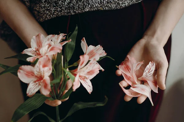 Manos Femeninas Con Flores Pétalos Rosados Cerca — Foto de Stock