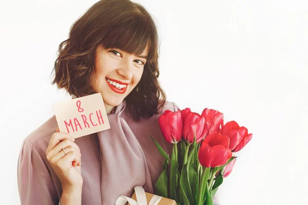 Texto Dia Feliz Das Mulheres Cartão Saudação Março Menina Elegante — Fotografia de Stock