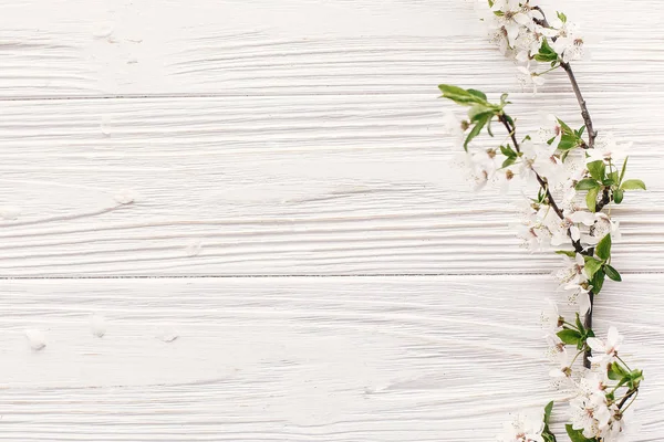 Schöne Frische Kirschzweige Mit Weißen Blüten Auf Rustikalem Holzhintergrund Draufsicht — Stockfoto
