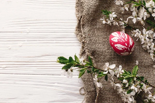 şık Paskalya düz yatıyordu. rustik ahşap arka plan bahar çiçekleri ve Söğüt dalları ile boyalı yumurta. Mutlu Paskalya tebrik kartı. metin için yer. Modern renkli Paskalya yumurtaları