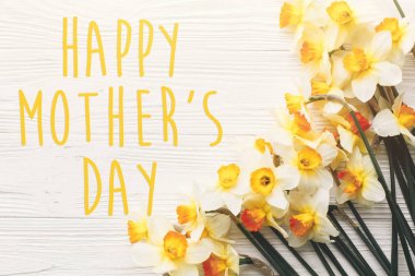 mutlu anneler günü metin. Beyaz tahta üzerinde güzel taze nergis