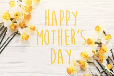 mutlu anneler günü metin. Beyaz ahşap zemin üzerinde güzel taze nergis görünümü top. rustik ahşap düz parlak sarı çiçek yatıyordu. çiçek tebrik kartı. Anneler günü kavramı