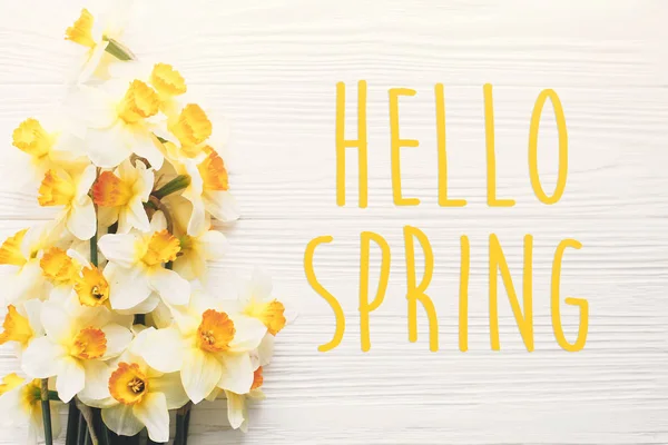 Hello Spring Text Beautiful Fresh Daffodils White Wooden Background Top — Stock Photo, Image