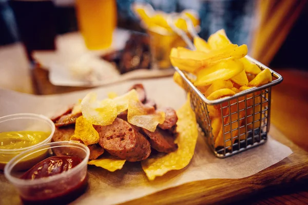 Concepto Festival Comida Rápida Calle Filete Carne Asada Bebidas Cerveza —  Fotos de Stock