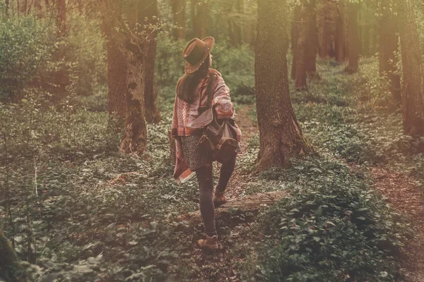 Wanderlust Concept Stylish Hipster Girl Hat Backpack Walking Green Woods — Stock Photo, Image