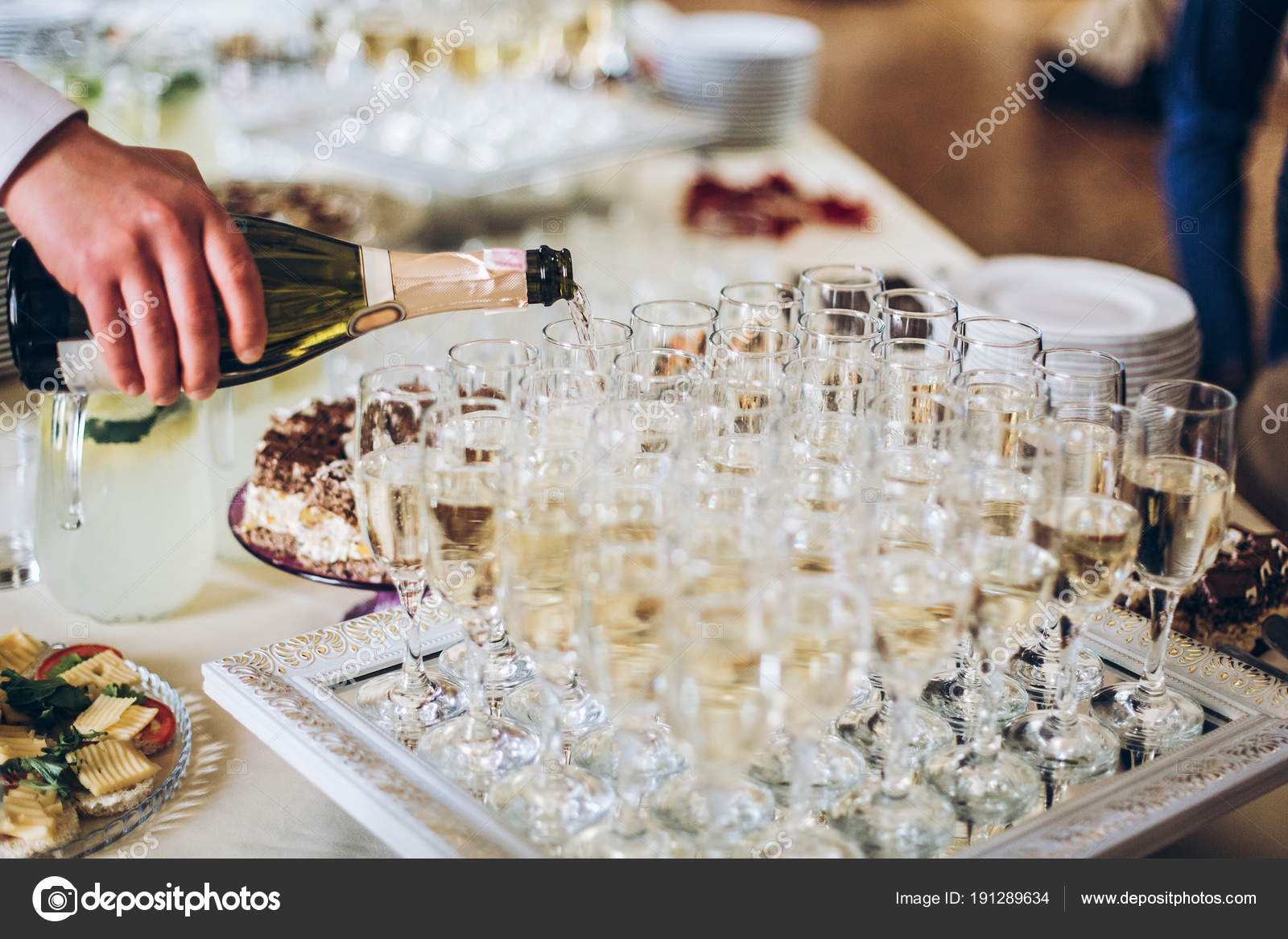 Waiter Pouring Champagne Stylish Glasses Luxury Wedding Reception