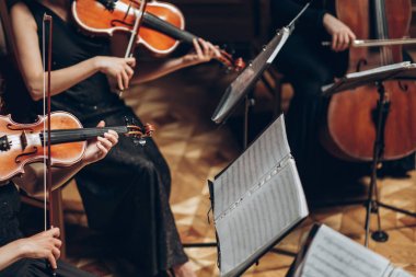 Zarif string quartet düğün restoranda lüks odasında oynarken. bir grup insan keman ve viyolonsel tiyatro Orkestrası, müzik konsepti üzerinde siyah yerine