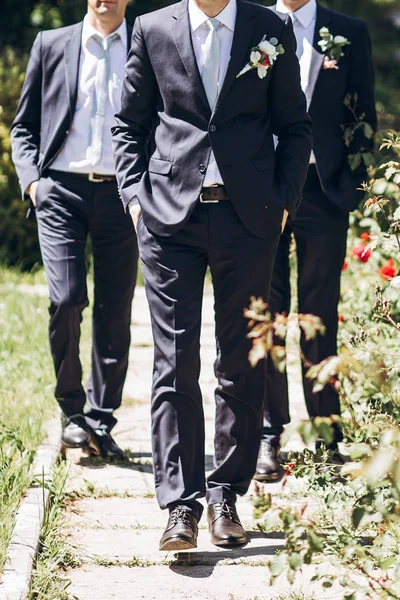 Stylish Groom Suit Walking Groomsmen Sunny Garden Wedding Day Luxury — Stock Photo, Image