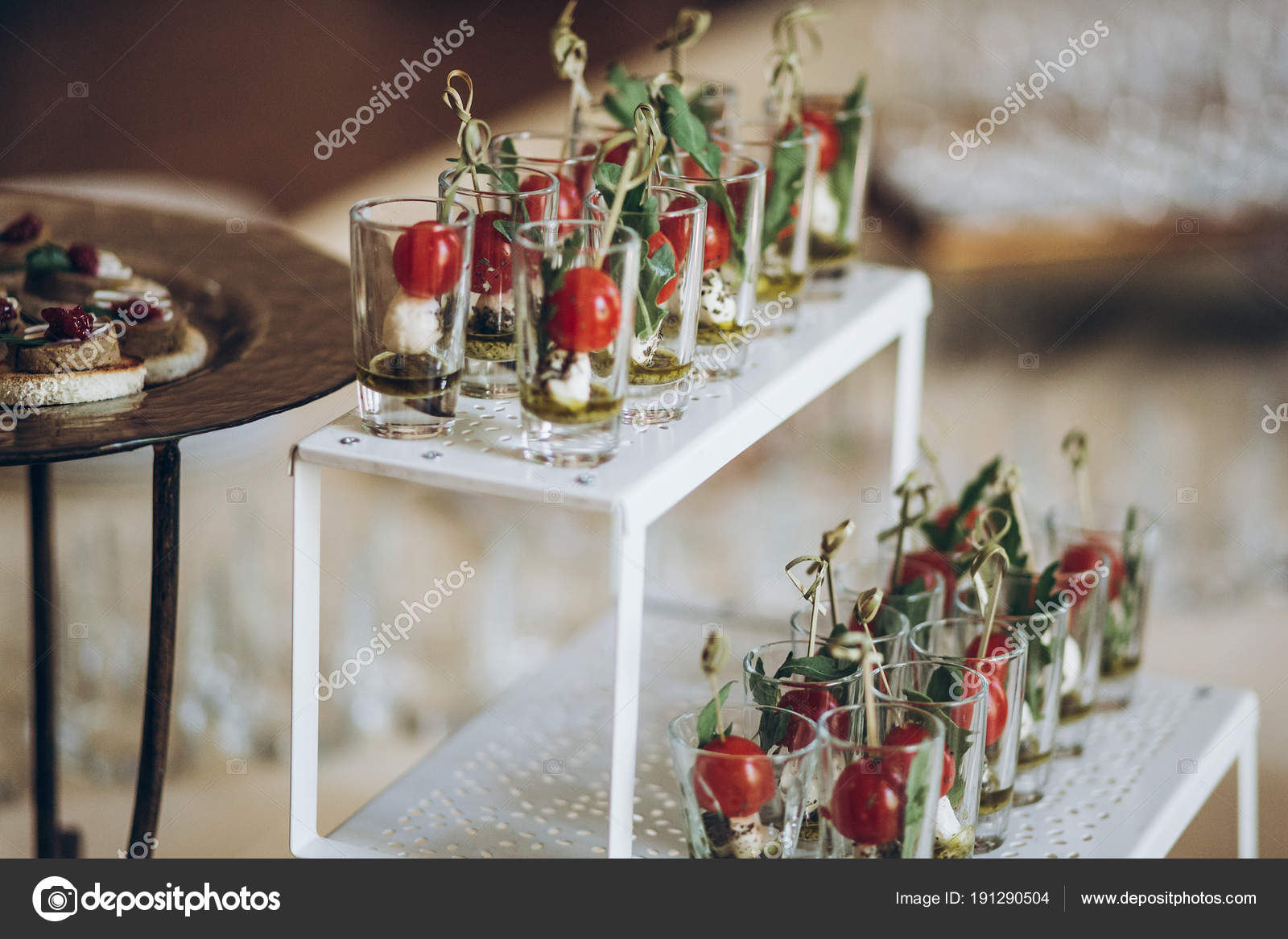 Delicious Appetizers Starters Tomatoes Cheese Glass Plate Table