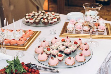 lezzetli şeker, tatlılar, kekler, çıkar dekore düğün Resepsiyon masaya çiçek ile. çikolata. kutlamalar olaylar ve duş için lezzetli pembe tatlılar. lüks şık catering
