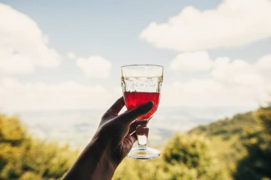 dağlar ve gökyüzü arka plan görünümünü cam bardakta kızılcık suyu tutan el. verandada şık Kırmızı içecek. tatil yaz ve kavram rahatla. seyahat ve Yolculuk tutkusu. metin için yer