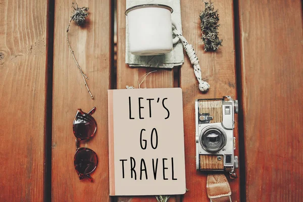 Let Travel Text Notebook Wanderlust Concept Map Sunglasses Photo Camera — Stock Photo, Image