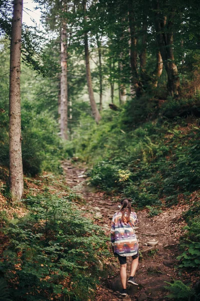 Stylish Traveler Girl Walking Sunny Forest Mountains Travel Wanderlust Concept — Stock Photo, Image