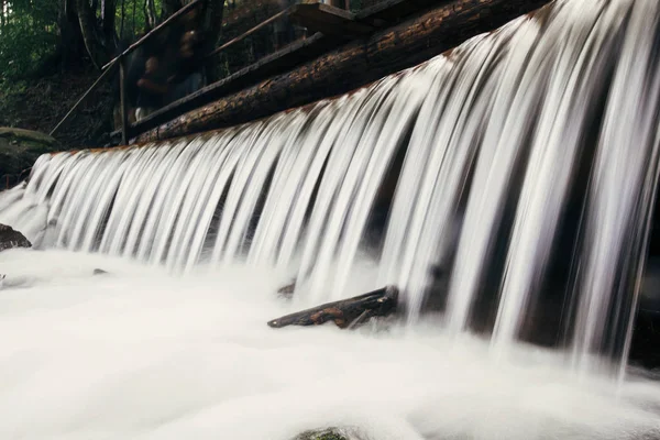 Beautiful Waterfall Cascads River Forest Mountains Wooden River Dam Water — Stock Photo, Image