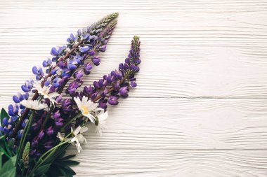 güzel lupine ve papatya buketi ışık, metin için yer beyaz rustik ahşap zemin üzerinde. mor çiçekler üstten görünüm. çiçek tebrik kartı. bahar görüntü düz yatıyordu
