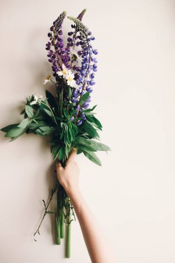 güzel lupine ve papatya buketi ışık ışık beyaz rustik ahşap pencere, metin için yer tutan el.