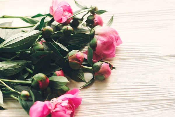 Beautiful Bouquet Pink Peonies Flowers Rustic White Wooden Background — Stock Photo, Image