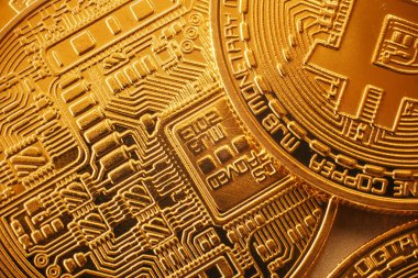 parlak altın bitcoins desen, altın para duvar kağıdı. dijital para, bit sikke, metin, dijital para yatırım için cryptocurrency concept.space. teknoloji dünya çapında ağ para birimi