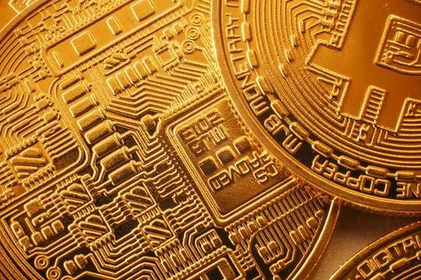 Glanzende Gouden Bitcoins Patroon Goud Geld Behang Digitale Valuta Beetje — Stockfoto
