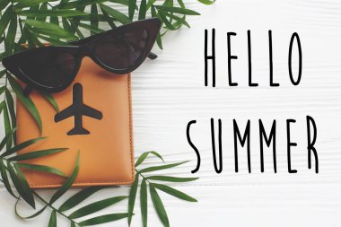 Merhaba yaz metin pasaport ve uçak ve retro siyah güneş gözlüğü yeşil palmiye ile beyaz ahşap zemin üzerine bırakır. şık yaz tatili düz yatıyordu. Merhaba bayram