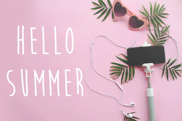 Hello Summer Text Stylish Pink Sunglasses Phone Selfie Stick Headphones — Stock Photo, Image