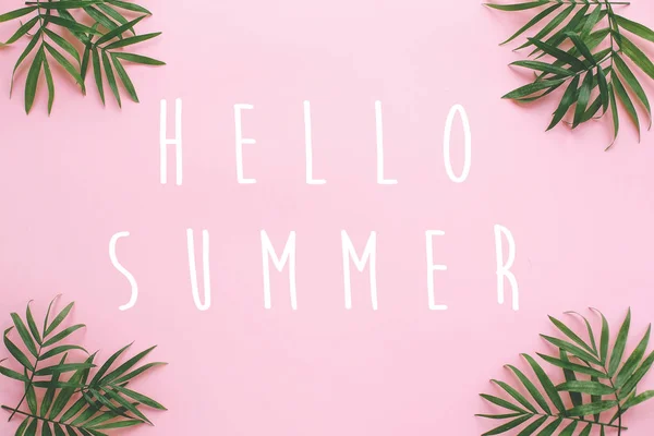 Γεια Σας Καλοκαίρι Κείμενο Στην Παλάμη Φρέσκα Φύλλα Σύνορα Ροζ — Φωτογραφία Αρχείου