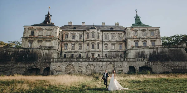 Wunderschönes Hochzeitspaar Das Sonnenlicht Der Nähe Des Alten Schlosses Einem — Stockfoto