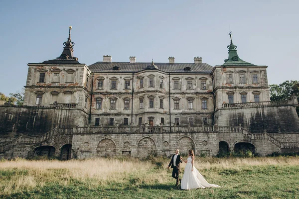 Prachtig Bruidspaar Wandelen Zonlicht Buurt Van Oud Kasteel Prachtig Park — Stockfoto