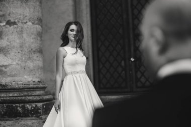 Parktaki eski şatonun yakınında güneş ışığında poz veren muhteşem gelin ve damat. Şık bir düğün çifti nazikçe sarılıyor ve birbirlerine bakıyor. Romantik an