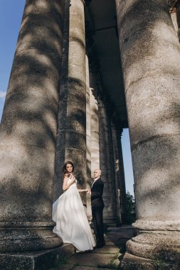 Güzel parktaki eski şatonun yakınında güneş ışığında kucaklaşan muhteşem bir düğün çifti. Tarz sahibi güzel gelin ve damat, antik yapı ve doğanın arka planında nazikçe sarılıyorlar.