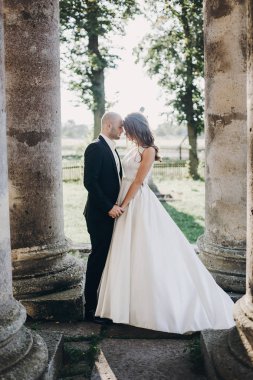 Güzel parktaki eski şatonun yakınında güneş ışığında kucaklaşan muhteşem bir düğün çifti. Tarz sahibi güzel gelin ve damat, antik yapı ve doğanın arka planında nazikçe sarılıyorlar.