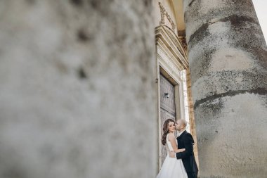 Güzel parktaki eski şatonun yakınında güneş ışığında kucaklaşan muhteşem bir düğün çifti. Tarz sahibi güzel gelin ve damat antik yapı ve doğanın arka planında nazikçe öpüşüyorlar.